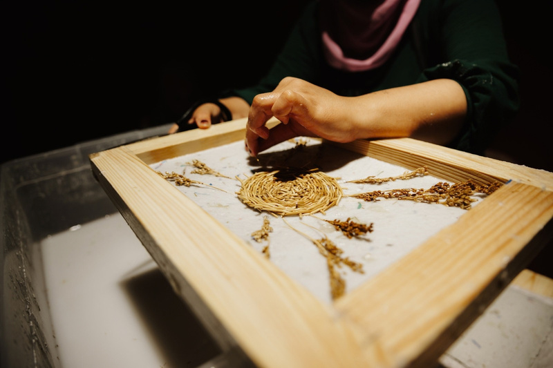 Laying plant fibers on a papermaking frame